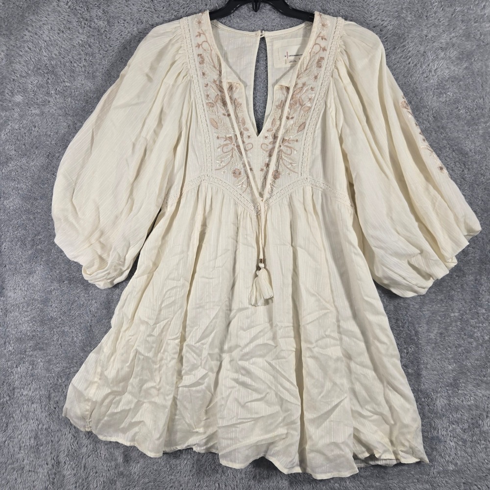 Anthropologie Embroidered Balloon Sleeve Tunic Dress Ivory XS Boho Tassel V-Neck